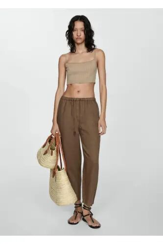 Keten jogger pantolon - Orta Kahverengi - MANGO WOMAN (1)