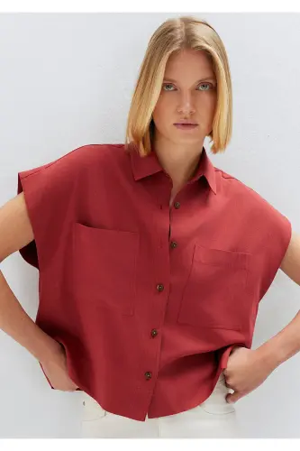 Keten Karışımlı Bordo Gömlek Loose Fit / Bol Rahat Kesim 1211090-91507 - Bordo - MAVI (1)