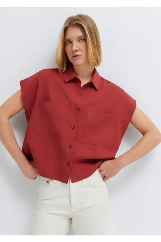 Keten Karışımlı Bordo Gömlek Loose Fit / Bol Rahat Kesim 1211090-91507 - Bordo - 1