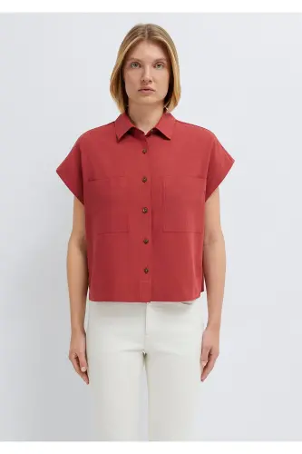 Keten Karışımlı Bordo Gömlek Loose Fit / Bol Rahat Kesim 1211090-91507 - Bordo - 3