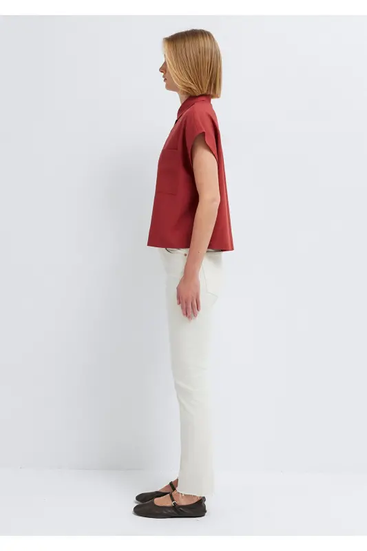 Keten Karışımlı Bordo Gömlek Loose Fit / Bol Rahat Kesim 1211090-91507 - Bordo - 4
