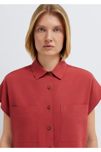 Keten Karışımlı Bordo Gömlek Loose Fit / Bol Rahat Kesim 1211090-91507 - Bordo - 6