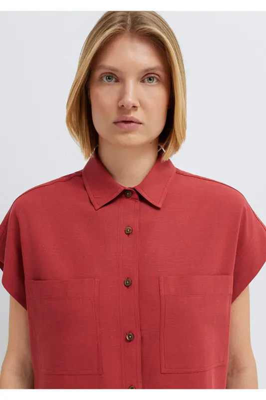 Keten Karışımlı Bordo Gömlek Loose Fit / Bol Rahat Kesim 1211090-91507 - Bordo - 6