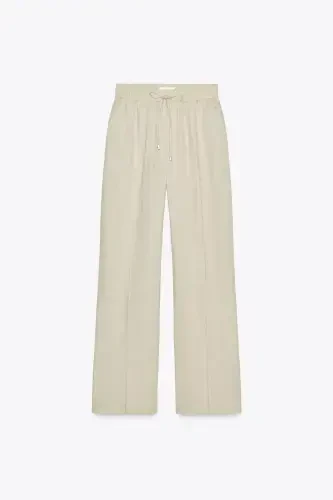 KETEN KARIŞIMLI DÜZ KESİM PANTOLON-Açık bej - 4