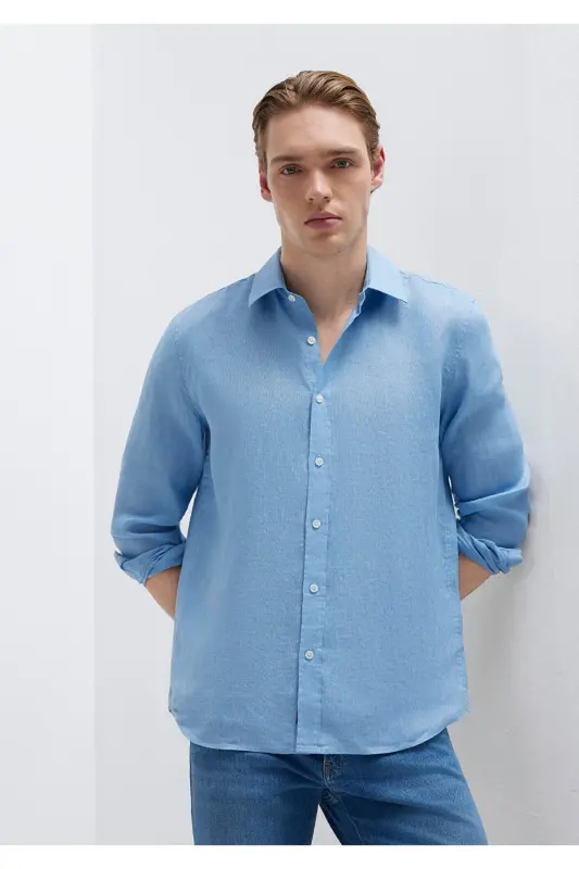 Keten Karışımlı Gömlek Slim Fit / Dar Kesim 0211466-70834-Mavi - 2