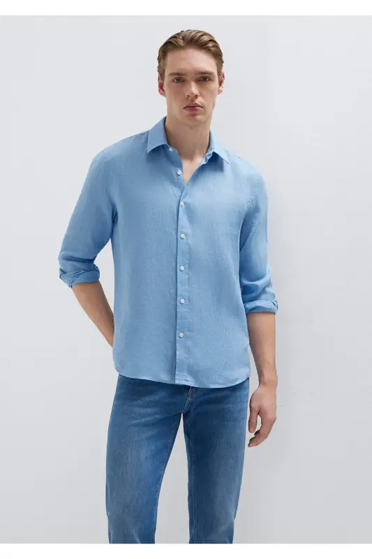 Keten Karışımlı Gömlek Slim Fit / Dar Kesim 0211466-70834-Mavi - 3