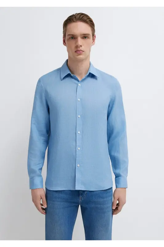Keten Karışımlı Gömlek Slim Fit / Dar Kesim 0211466-70834-Mavi - 4