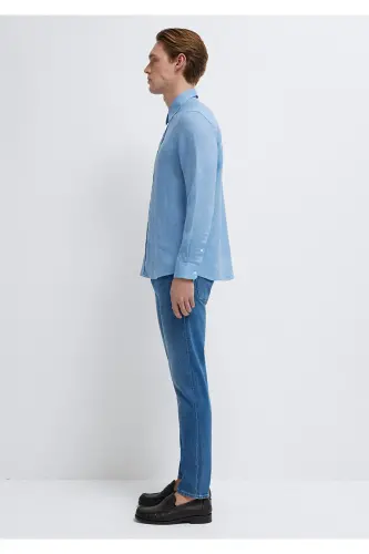 Keten Karışımlı Gömlek Slim Fit / Dar Kesim 0211466-70834-Mavi - 5