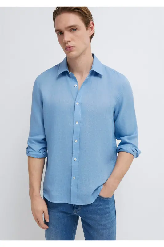 Keten Karışımlı Gömlek Slim Fit / Dar Kesim 0211466-70834-Mavi - MAVI