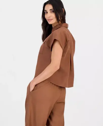 Petite Linen-Blend Short-Sleeve Button-Front Shirt, Exclusively at Modazone - Copper Moon - 4