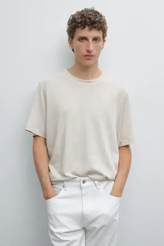 Keten karışımlı kısa kollu t-shirt-BEJ - MASSIMO DUTTI