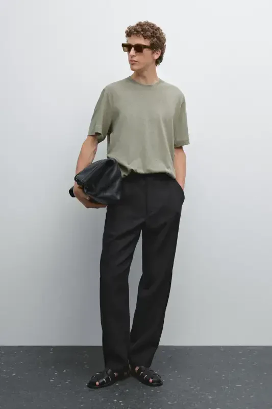 Keten karışımlı kısa kollu t-shirt-SU YEŞİLİ - MASSIMO DUTTI