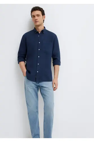 Keten Karışımlı Lacivert Gömlek Regular Fit / Normal Kesim 0211472-82318-Lacivert - 1
