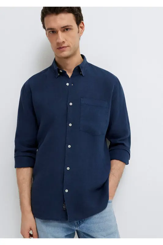 Keten Karışımlı Lacivert Gömlek Regular Fit / Normal Kesim 0211472-82318-Lacivert - 2