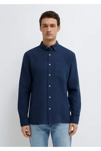 Keten Karışımlı Lacivert Gömlek Regular Fit / Normal Kesim 0211472-82318-Lacivert - 3