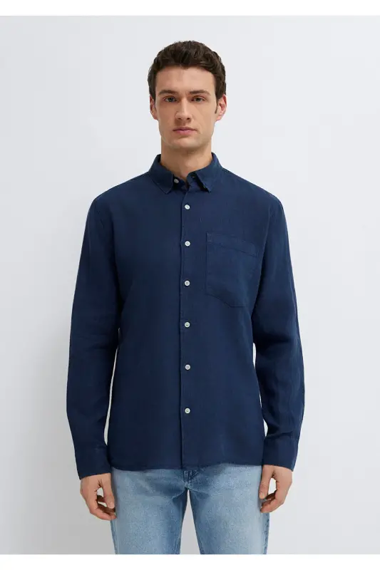 Keten Karışımlı Lacivert Gömlek Regular Fit / Normal Kesim 0211472-82318-Lacivert - 3