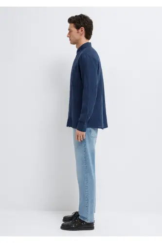 Keten Karışımlı Lacivert Gömlek Regular Fit / Normal Kesim 0211472-82318-Lacivert - 4