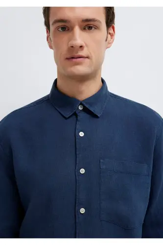 Keten Karışımlı Lacivert Gömlek Regular Fit / Normal Kesim 0211472-82318-Lacivert - 6