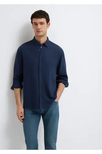 Keten Karışımlı Lacivert Tencel TM Liyosel Gömlek Regular Fit / Normal Kesim 0211482-70490-Lacivert 