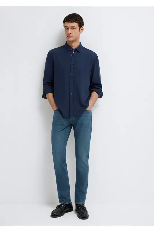 Keten Karışımlı Lacivert Tencel TM Liyosel Gömlek Regular Fit / Normal Kesim 0211482-70490-Lacivert - 2