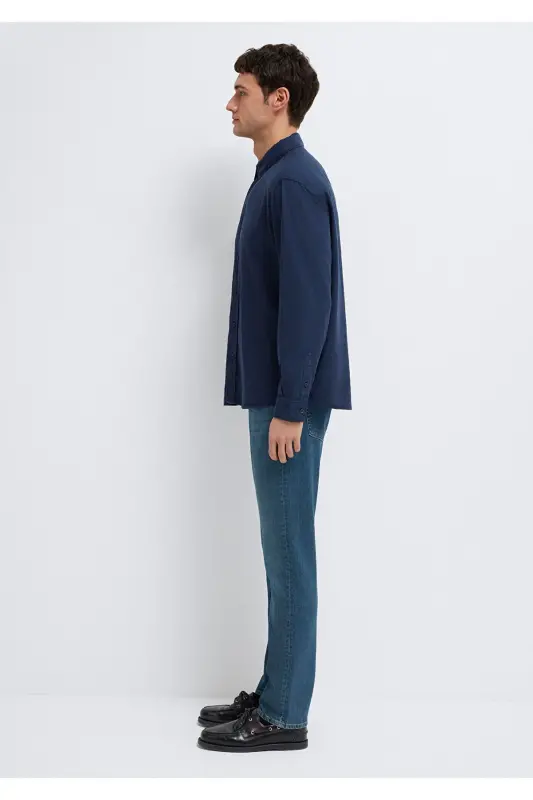 Keten Karışımlı Lacivert Tencel TM Liyosel Gömlek Regular Fit / Normal Kesim 0211482-70490-Lacivert - 4