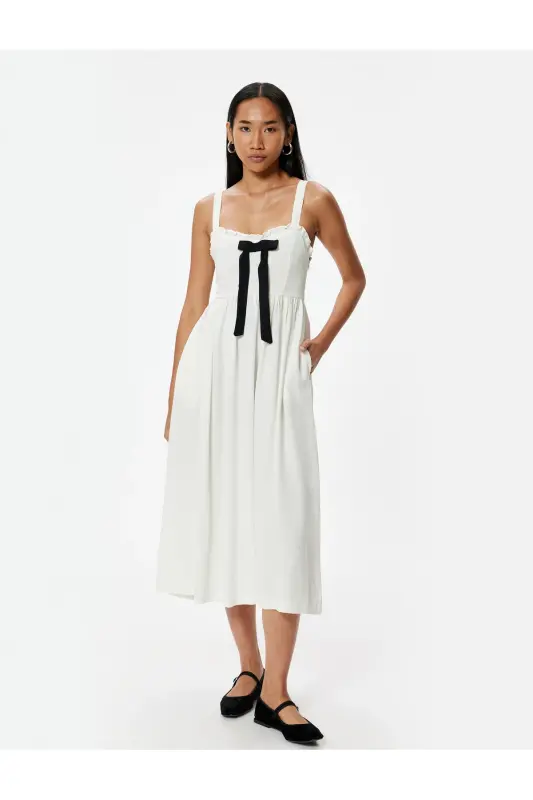 Midi-Kleid aus Leinenmischung mit Schleifendetail, dicker Träger und Taschen - Ecru - 3