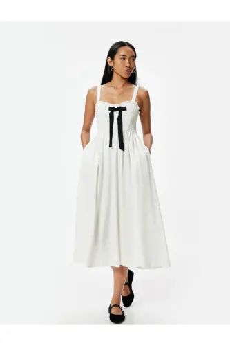 Midi-Kleid aus Leinenmischung mit Schleifendetail, dicker Träger und Taschen - Ecru - 4