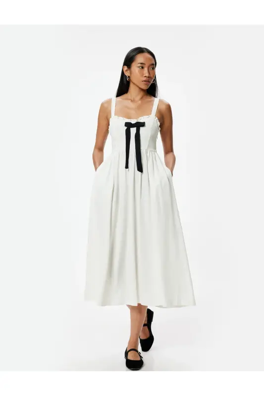 Midi-Kleid aus Leinenmischung mit Schleifendetail, dicker Träger und Taschen - Ecru - 4