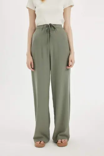 Keten Karışımlı Palazzo Pantolon Wide Leg Geniş Bol Paça Üç Cepli Normal Bel Basic Düz Standart Boy-Haki - 4