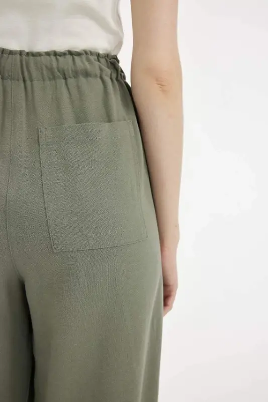 Keten Karışımlı Palazzo Pantolon Wide Leg Geniş Bol Paça Üç Cepli Normal Bel Basic Düz Standart Boy-Haki - 6