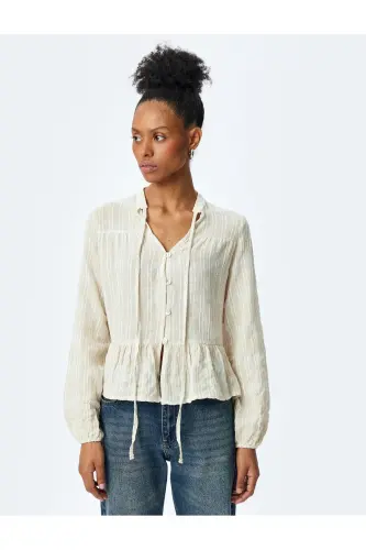 Keten Karışımlı Uzun Kollu Düğmeli Dokulu Mandarin Yaka Bluz - 3