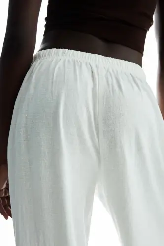 Beli lastikli keten pantolon-Off white - 3