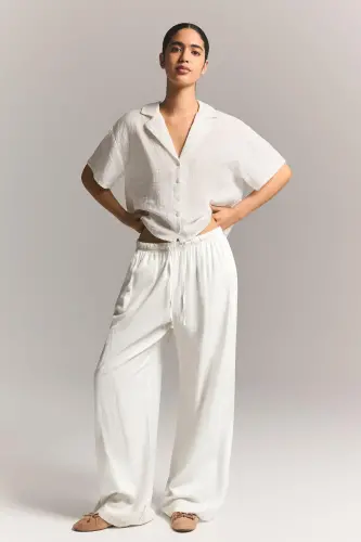 Beli lastikli keten görünümlü pantolon - Off white 