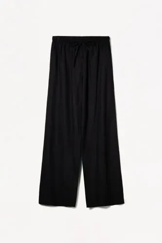 Keten karışımlı ve beli lastikli pantolon-Siyah - 3