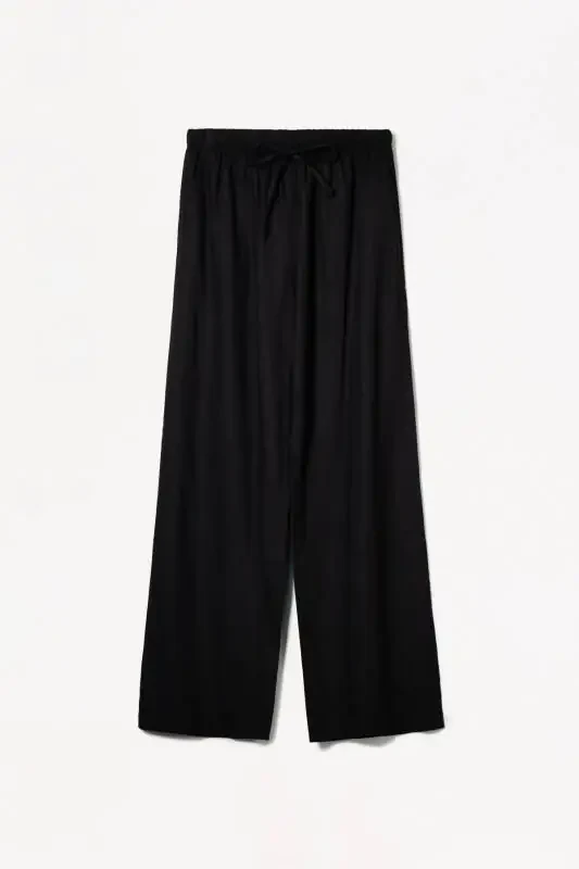 Keten karışımlı ve beli lastikli pantolon-Siyah - 3
