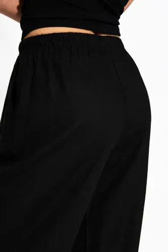 Keten karışımlı ve beli lastikli pantolon-Siyah - 5