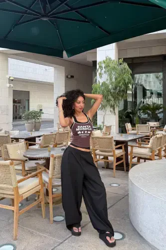 Keten karışımlı ve pensli balloon fit pantolon-Siyah - 3