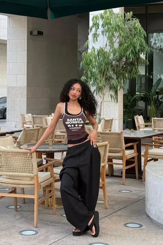 Keten karışımlı ve pensli balloon fit pantolon-Siyah - 5