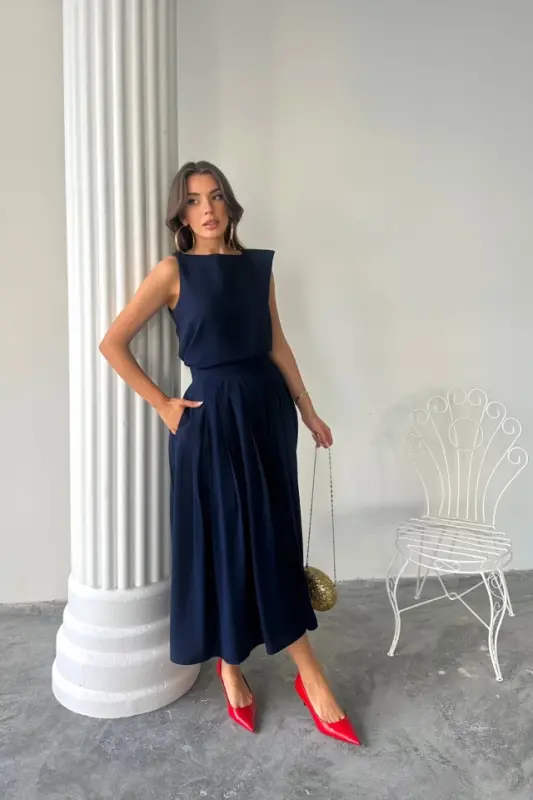 KETEN KOLSIZ BLUZ - MAXI ETEK TO'PLAMI - To'q ko'k - BÜYÜKBEDENIZ