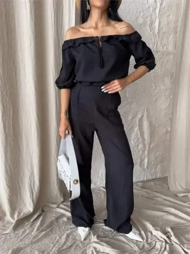 KETEN MADONNA YAKA KOL HASIR ŞERİT - PANTOLON TAKIM - Qora - 4