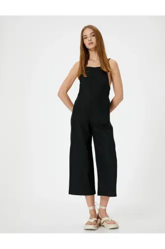 Keten Tulum Kapri Boy Cepli Arkası İnce Askılı-SİYAH - 1