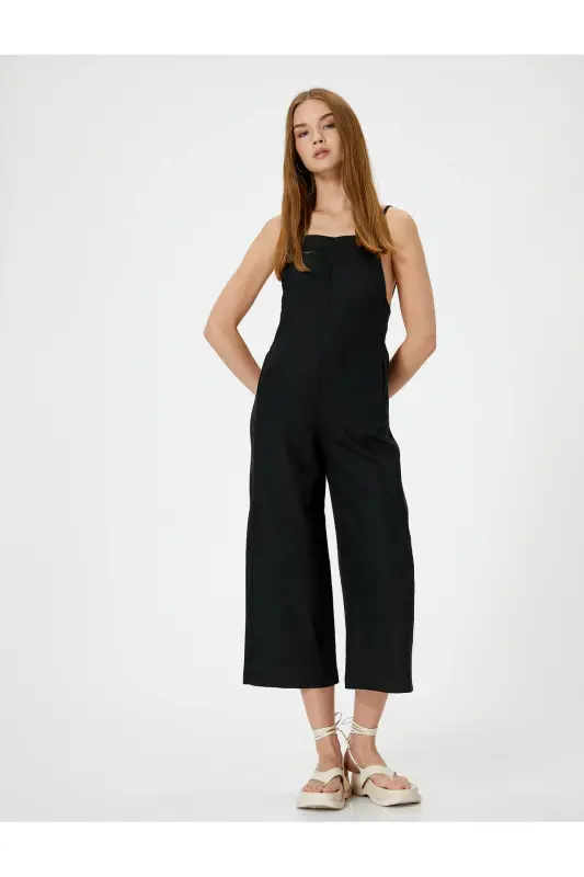 Keten Tulum Kapri Boy Cepli Arkası İnce Askılı-SİYAH - 1