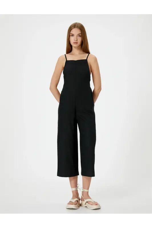 Keten Tulum Kapri Boy Cepli Arkası İnce Askılı-SİYAH - 3