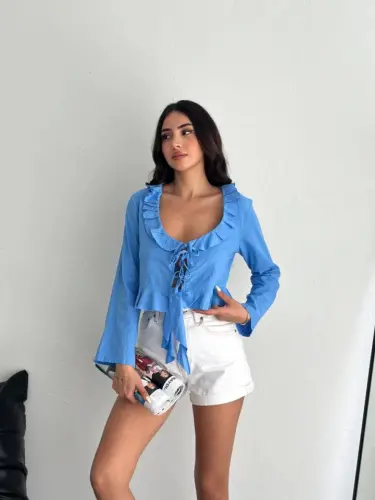 Keten Uzun Kol Bağacık Detaylı Bluz - Mavi - 4