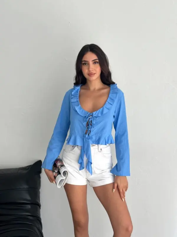 Keten Uzun Kol Bağacık Detaylı Bluz - Mavi - 3