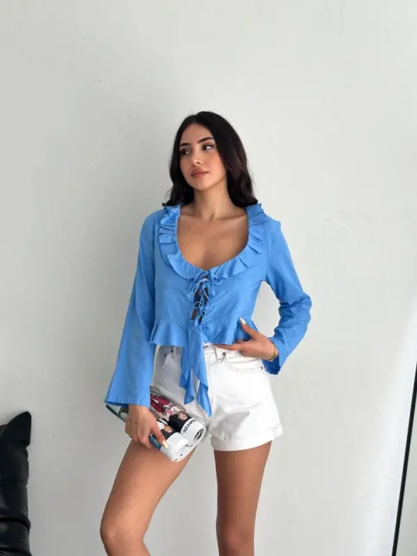 Keten Uzun Kol Bağacık Detaylı Bluz - Mavi - 4