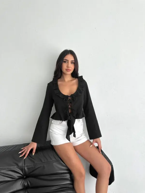 Keten Uzun Kol Bağacık Detaylı Bluz - Siyah - 4