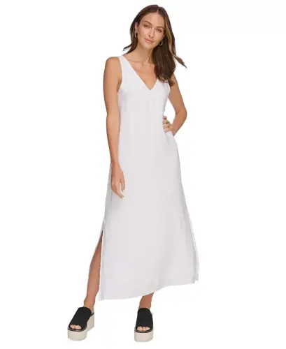 Linen V-Neck Maxi 100% Linen Dress - White 
