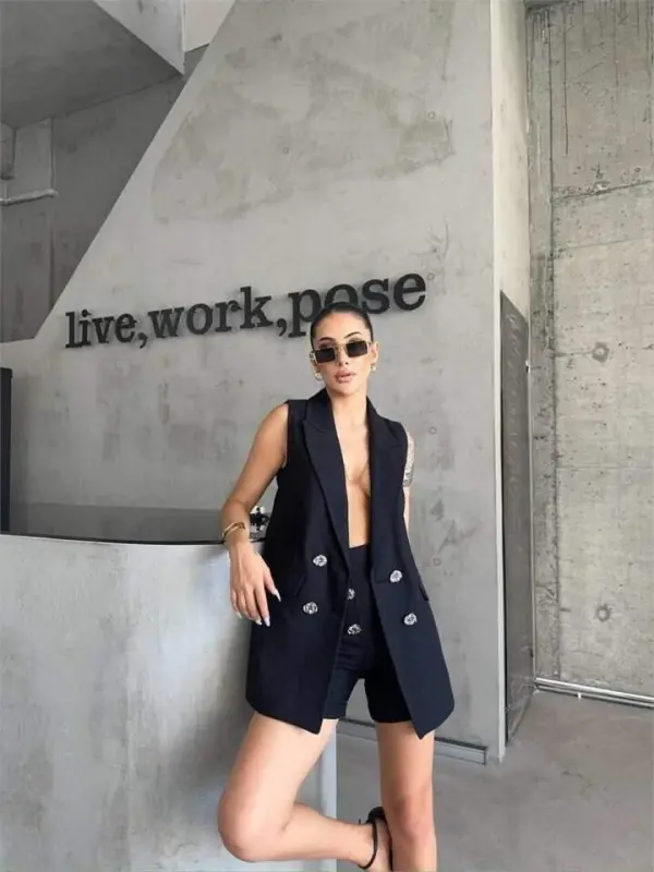 KETEN YELEK - ŞORT TAKIM - Siyah - BÜYÜKBEDENIZ