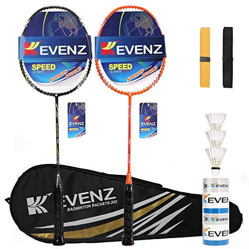 KEVENZ Badminton Racket Set, 2 Carbon Fiber Badminton Racquets, 3 Goose Feather Badminton Birdie, 2 Racket Grip and 1 Carrying Bag - 1